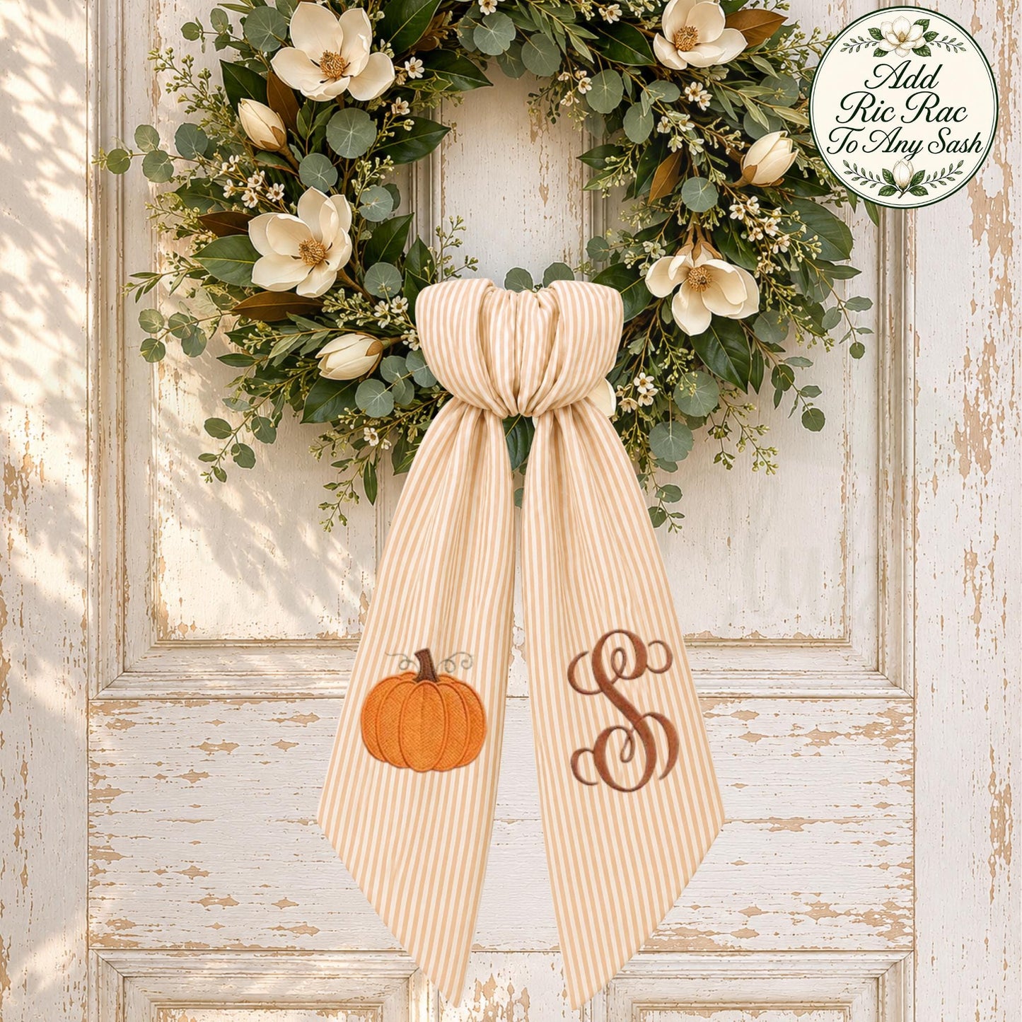 Personalized Fall Wreath Sash with Bow, Pumpkin Monogram Front Door Decor, Autumn Porch Decoration, Thanksgiving Hostess Gift