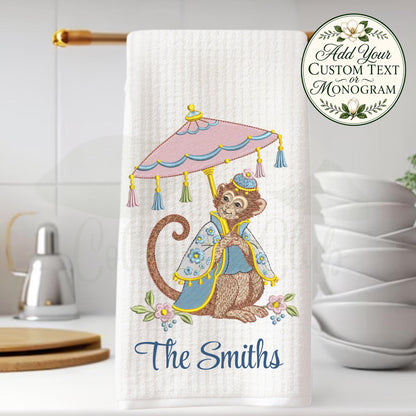 Chinoiserie Monkey Tea Towel, Blue and Pink Kitchen Decor, Hostess Gift, Whimsical Southern Home Oversized Waffle Weave Tea Towel