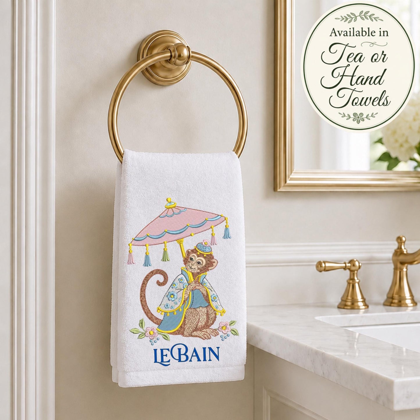 Chinoiserie Monkey Tea Towel, Blue and Pink Kitchen Decor, Hostess Gift, Whimsical Southern Home Oversized Waffle Weave Tea Towel