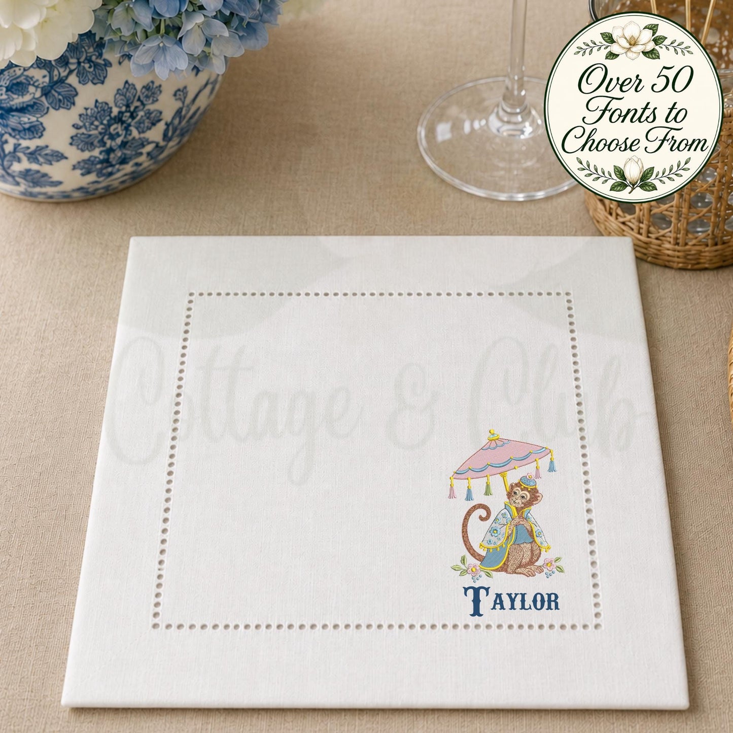 Chinoiserie Monkey Linen Napkins, Set of 4 Hemstitch Cocktail Napkins, Grand Millennial Hostess Gift, Blue Pink Table Decor