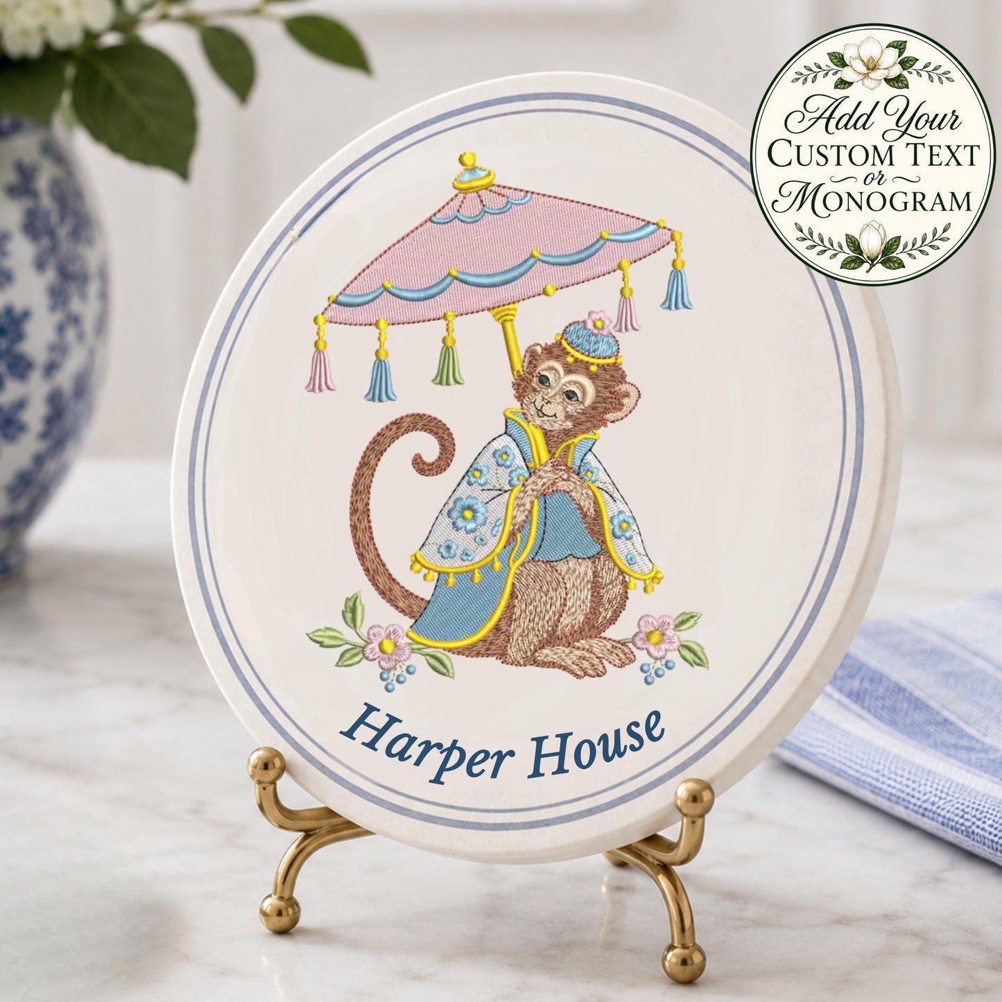 Preppy Chinoiserie Monkey Ceramic Coasters Set of 4 Cork-Backed Custom Coasters Housewarming Gift Coffee Table Decor Bar Accessories