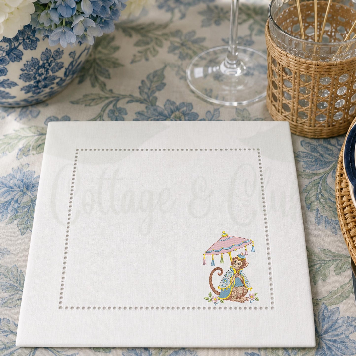 Chinoiserie Monkey Linen Napkins, Set of 4 Hemstitch Cocktail Napkins, Grand Millennial Hostess Gift, Blue Pink Table Decor
