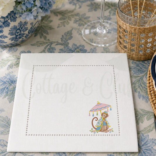Chinoiserie Monkey Linen Set of 4 Hemstitch Cocktail Napkins