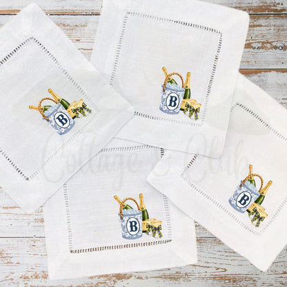 Blue and White Champagne Ice Bucket Personalized Custom Monogrammed Hemstitch Cocktail Napkins