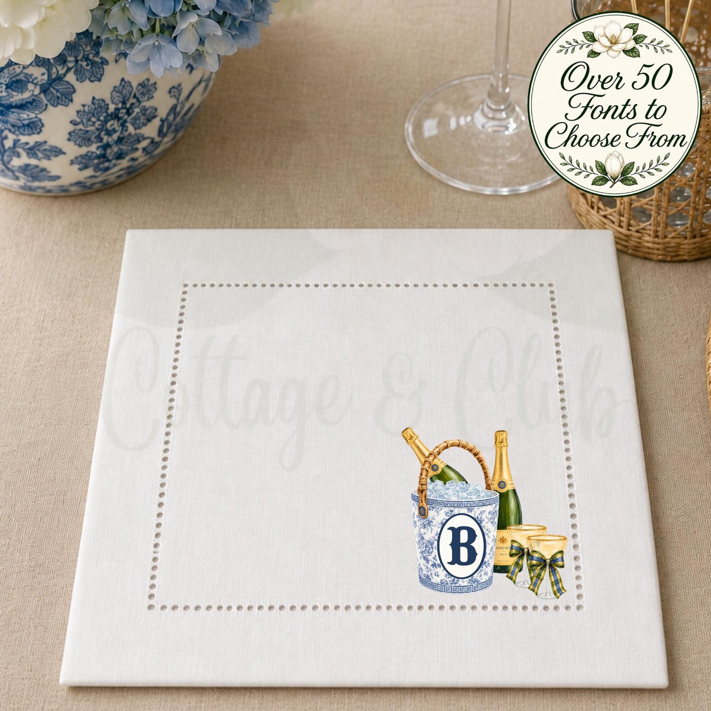 Blue and White Champagne Ice Bucket Personalized Custom Monogrammed Hemstitch Cocktail Napkins