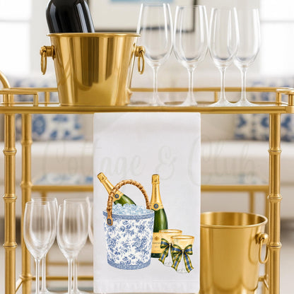 Blue and White Champagne Tea Towel, Chinoiserie Ice Bucket Kitchen Decor, Hostess Gift, Bridal Shower Gift Oversized Waffle Weave Tea Towel