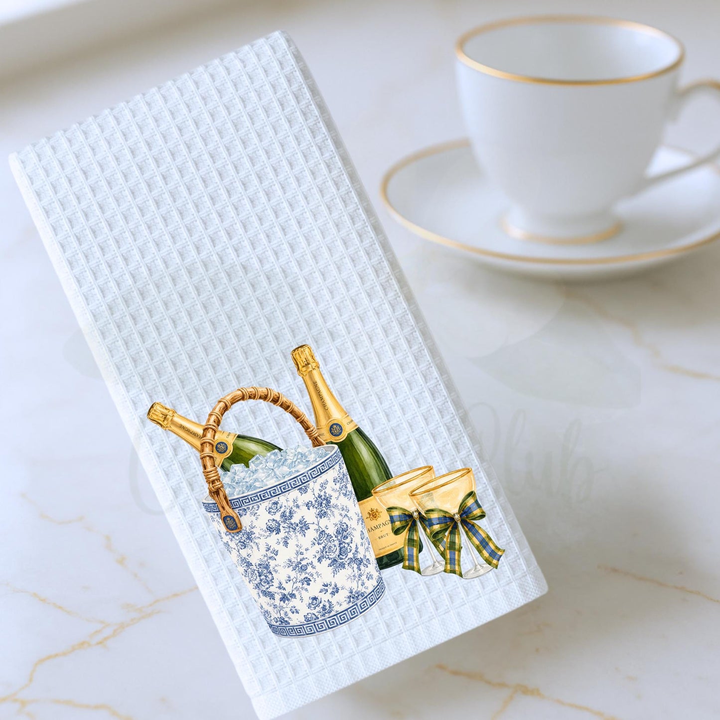 Blue and White Champagne Tea Towel, Chinoiserie Ice Bucket Kitchen Decor, Hostess Gift, Bridal Shower Gift Oversized Waffle Weave Tea Towel
