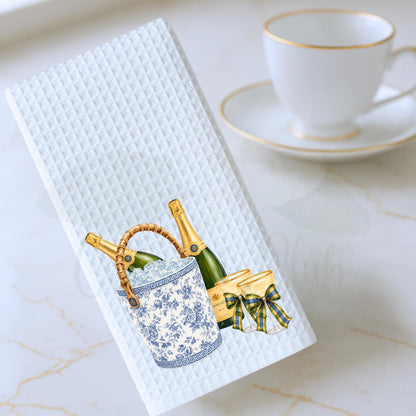 Blue and White Champagne Tea Towel, Chinoiserie Ice Bucket Kitchen Decor, Hostess Gift, Bridal Shower Gift Oversized Waffle Weave Tea Towel
