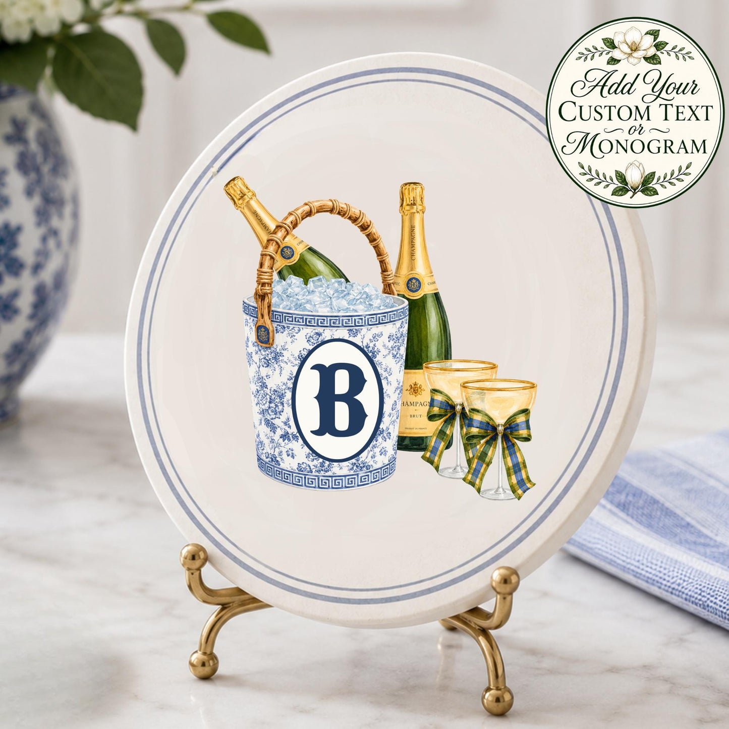 Personalized Champagne Coasters Set of 4, Blue and White Chinoiserie Ceramic Coasters, Monogram Hostess Gift