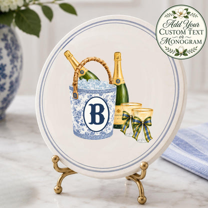 Personalized Champagne Coasters Set of 4, Blue and White Chinoiserie Ceramic Coasters, Monogram Hostess Gift