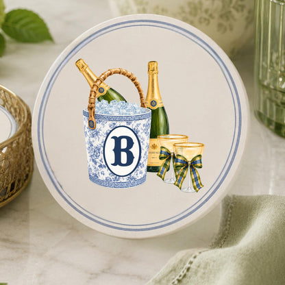 Personalized Champagne Coasters Set of 4, Blue and White Chinoiserie Ceramic Coasters, Monogram Hostess Gift