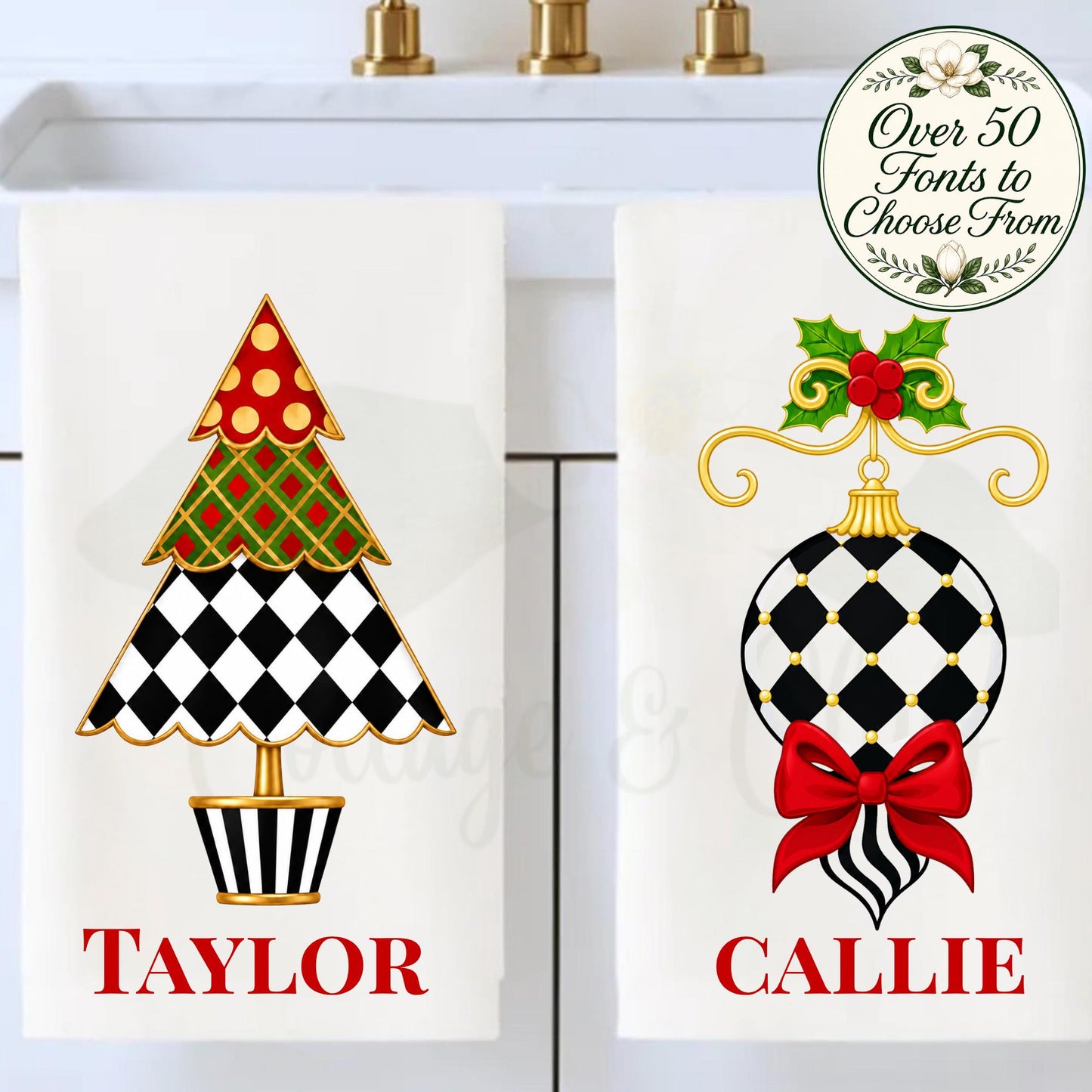 Personalized Christmas Tea or Hand Towel, Black White Harlequin Holiday Decor, Custom Monogram Hostess Gift Oversized Waffle Weave Tea Towel