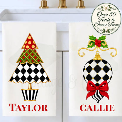 Personalized Christmas Tea or Hand Towel, Black White Harlequin Holiday Decor, Custom Monogram Hostess Gift Oversized Waffle Weave Tea Towel