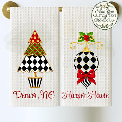Personalized Christmas Tea or Hand Towel, Black White Harlequin Holiday Decor, Custom Monogram Hostess Gift Oversized Waffle Weave Tea Towel