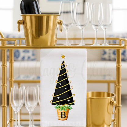 Personalized Christmas Tea or Hand Towel, Black White Harlequin Holiday Decor, Custom Monogram Hostess Gift Oversized Waffle Weave Tea Towel