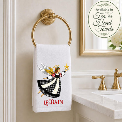 Personalized Christmas Tea or Hand Towel, Black White Harlequin Holiday Decor, Custom Monogram Hostess Gift Oversized Waffle Weave Tea Towel