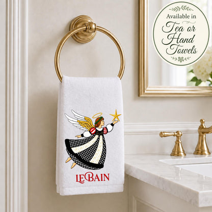 Personalized Christmas Tea or Hand Towel, Black White Harlequin Holiday Decor, Custom Monogram Hostess Gift Oversized Waffle Weave Tea Towel