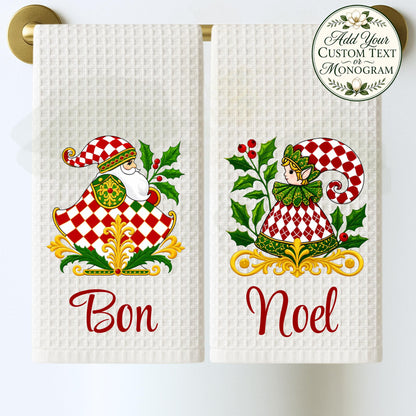 Personalized Christmas Tea or Hand Towel, Black White Harlequin Holiday Decor, Custom Monogram Hostess Gift Oversized Waffle Weave Tea Towel