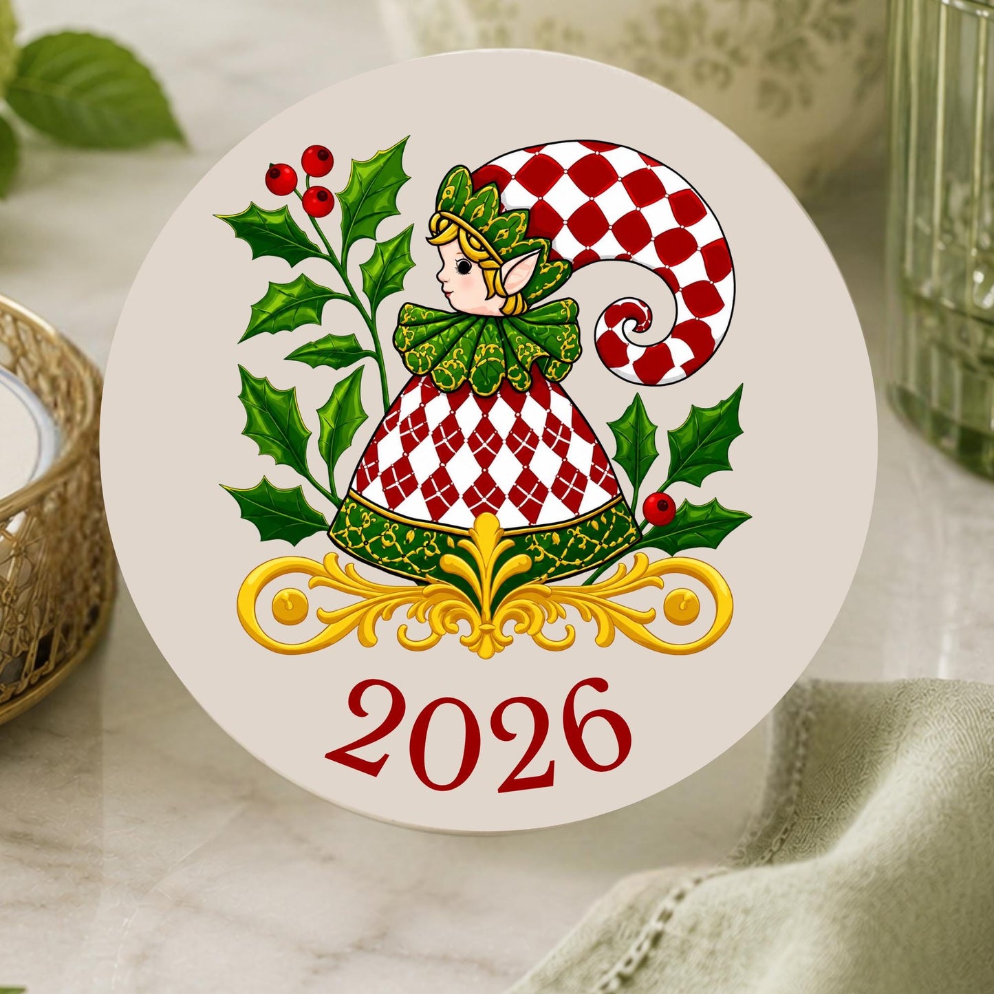 Personalized Christmas Coasters Set of 4, Harlequin Santa Ceramic Coasters, Custom Family Name Holiday Hostess Gift