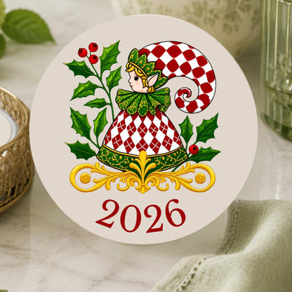 Personalized Christmas Coasters Set of 4, Harlequin Santa Ceramic Coasters, Custom Family Name Holiday Hostess Gift
