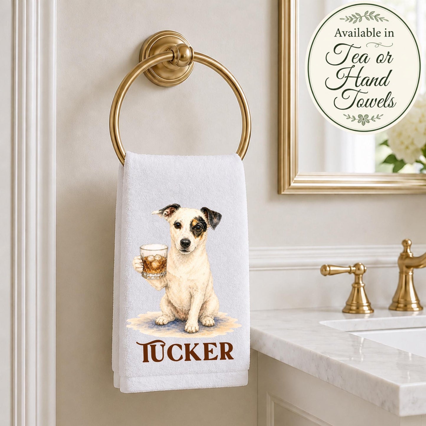 Canine Cocktail Collection Jack Russell Tea Towel, Terrier with Whiskey Glass Kitchen Decor, Bourbon Lover Gift, Dog Mom Hostess Gift