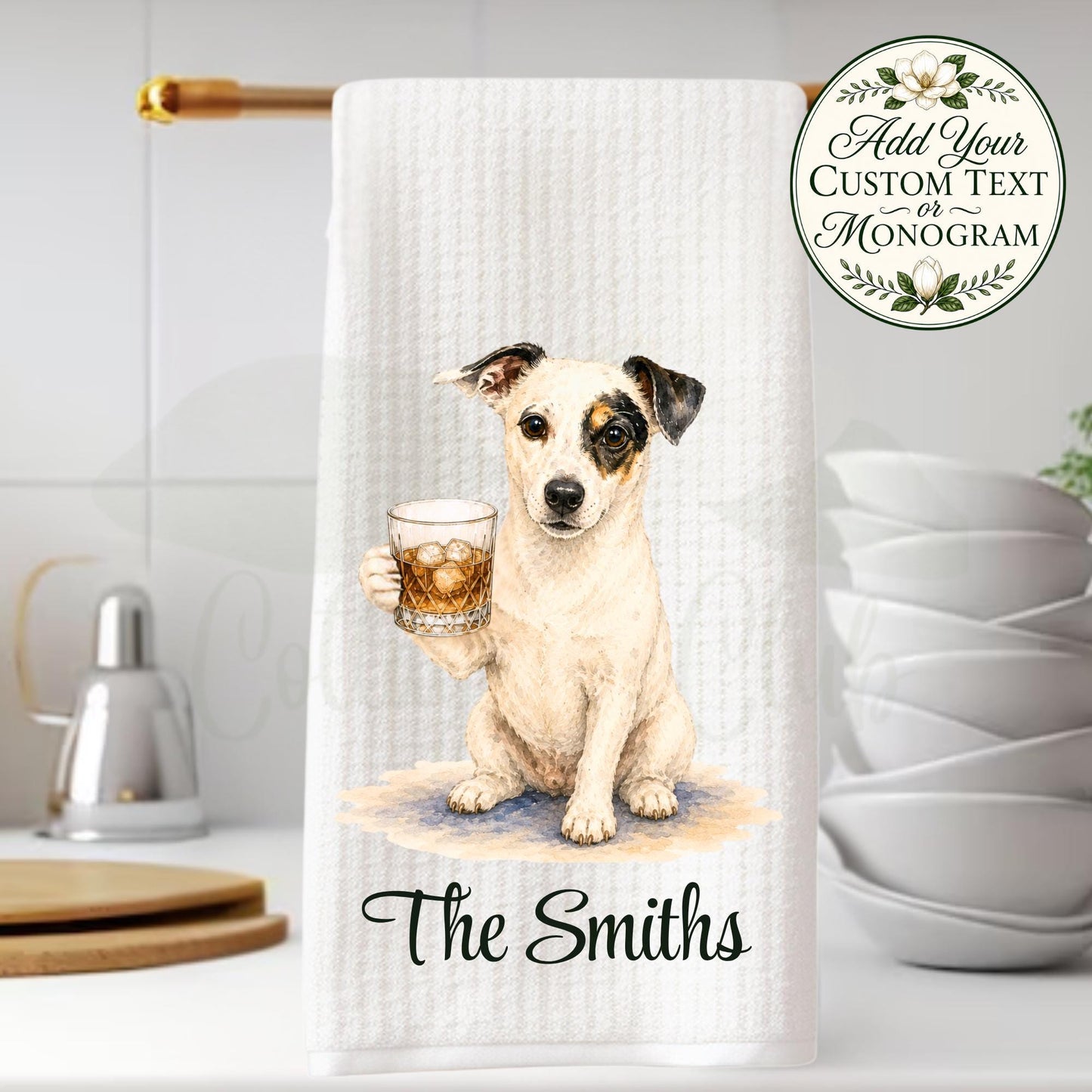Canine Cocktail Collection Jack Russell Tea Towel, Terrier with Whiskey Glass Kitchen Decor, Bourbon Lover Gift, Dog Mom Hostess Gift