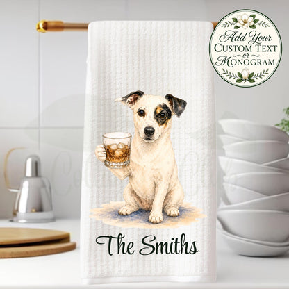 Canine Cocktail Collection Jack Russell Tea Towel, Terrier with Whiskey Glass Kitchen Decor, Bourbon Lover Gift, Dog Mom Hostess Gift