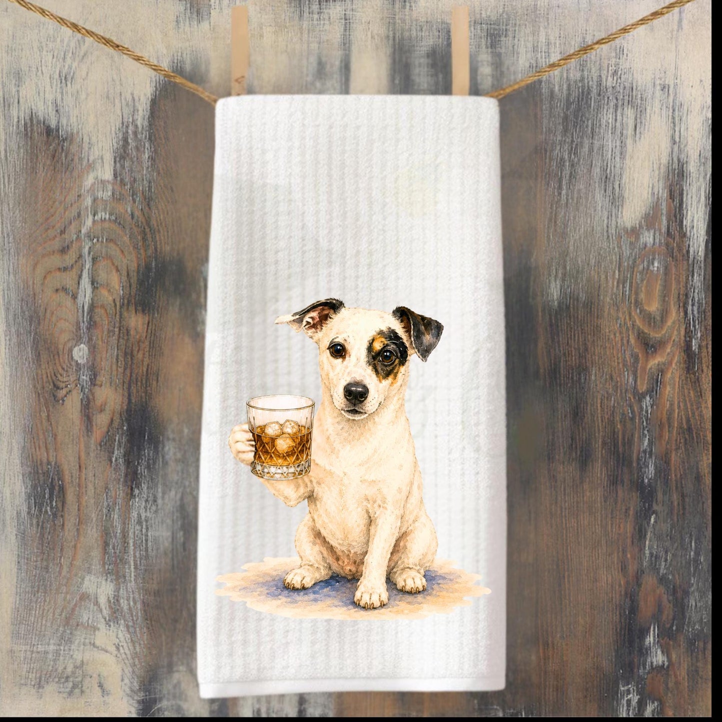 Canine Cocktail Collection Jack Russell Tea Towel, Terrier with Whiskey Glass Kitchen Decor, Bourbon Lover Gift, Dog Mom Hostess Gift
