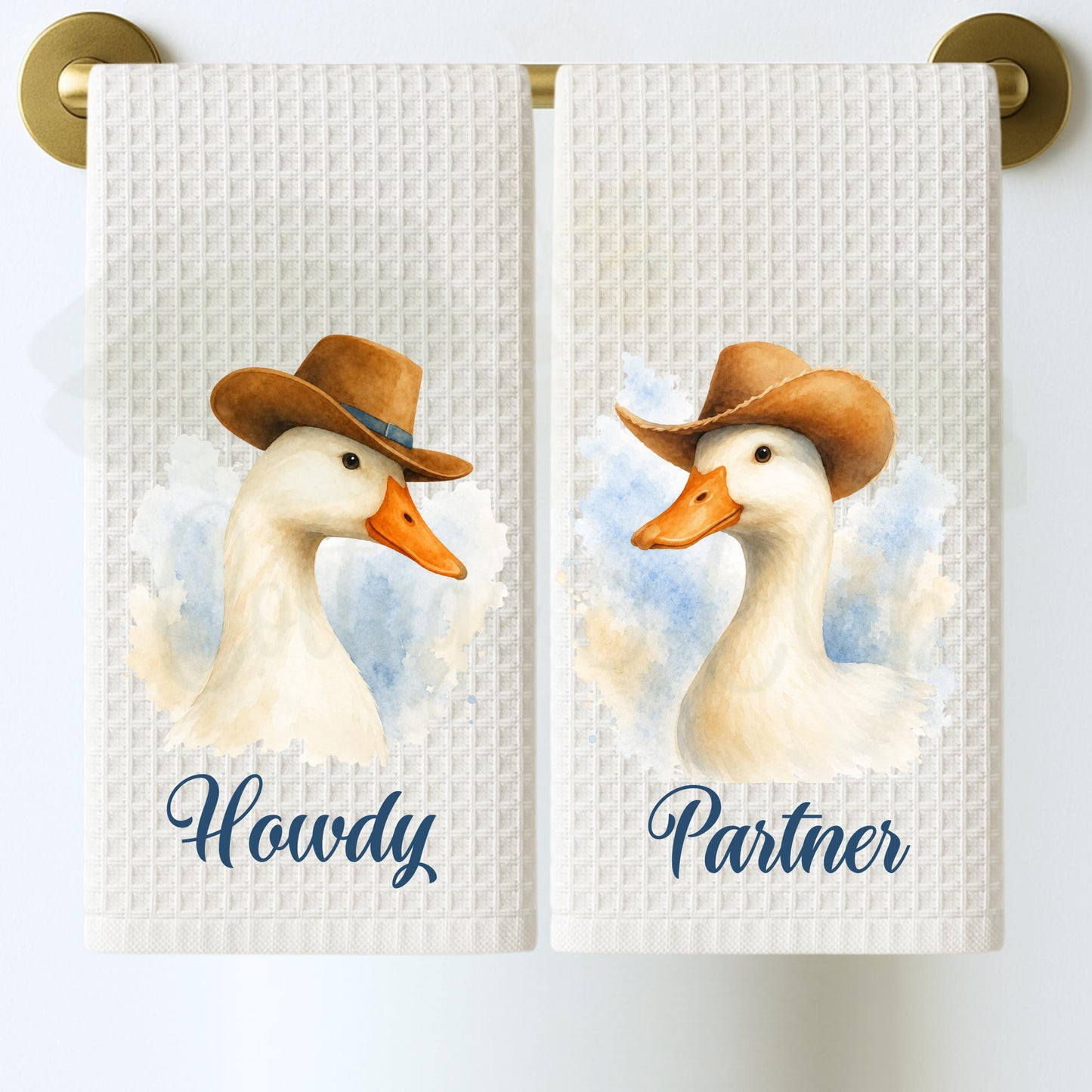 Western Kitchen Decor Cowboy Goose Tea Towel, Blue and White Farmhouse Towel, Funny Hostess Gift, Southern Home