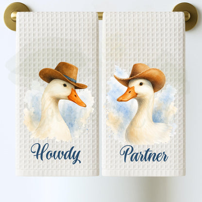 Western Kitchen Decor Cowboy Goose Tea Towel, Blue and White Farmhouse Towel, Funny Hostess Gift, Southern Home