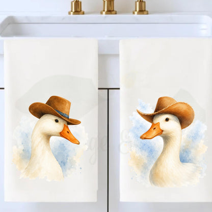 Western Kitchen Decor Cowboy Goose Tea Towel, Blue and White Farmhouse Towel, Funny Hostess Gift, Southern Home