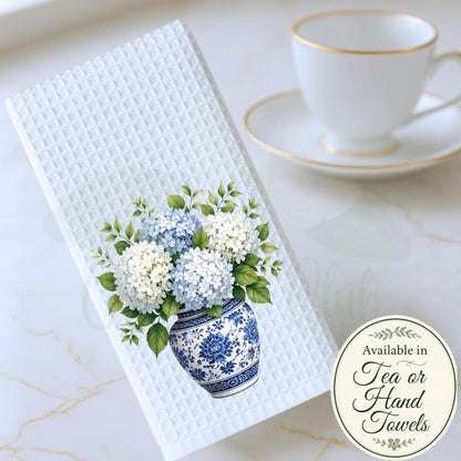 Blue and White Kitchen Decor Hydrangea Ginger Jar Tea Towel, Grand Millennial Hostess Gift, Southern Home