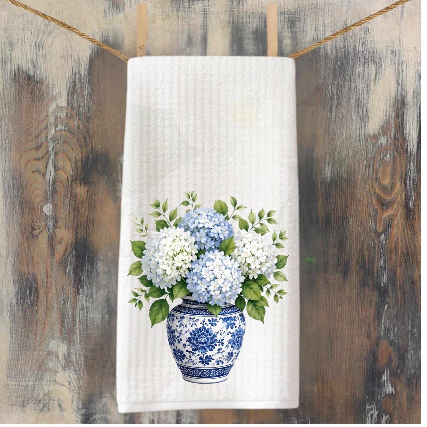 Blue and White Kitchen Decor Hydrangea Ginger Jar Tea Towel, Grand Millennial Hostess Gift, Southern Home
