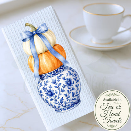 Blue and White Fall Kitchen Decor Pumpkin Ginger Jar Waffle Weave Tea Towel, Thanksgiving Hostess Gift, Grand Millennial Home