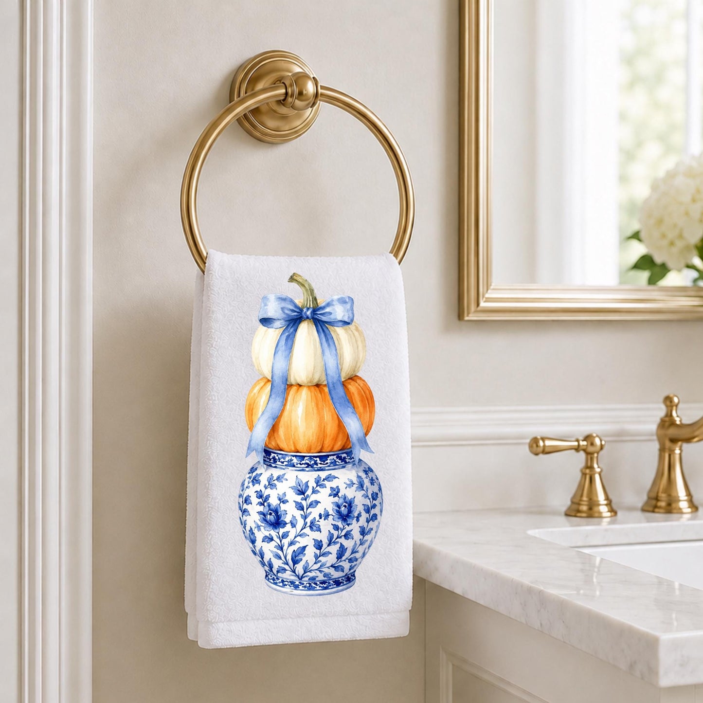 Blue and White Fall Kitchen Decor Pumpkin Ginger Jar Waffle Weave Tea Towel, Thanksgiving Hostess Gift, Grand Millennial Home