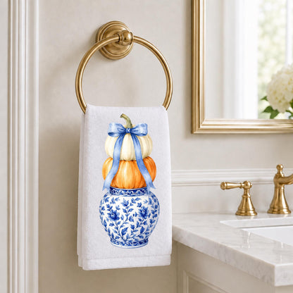 Blue and White Fall Kitchen Decor Pumpkin Ginger Jar Waffle Weave Tea Towel, Thanksgiving Hostess Gift, Grand Millennial Home