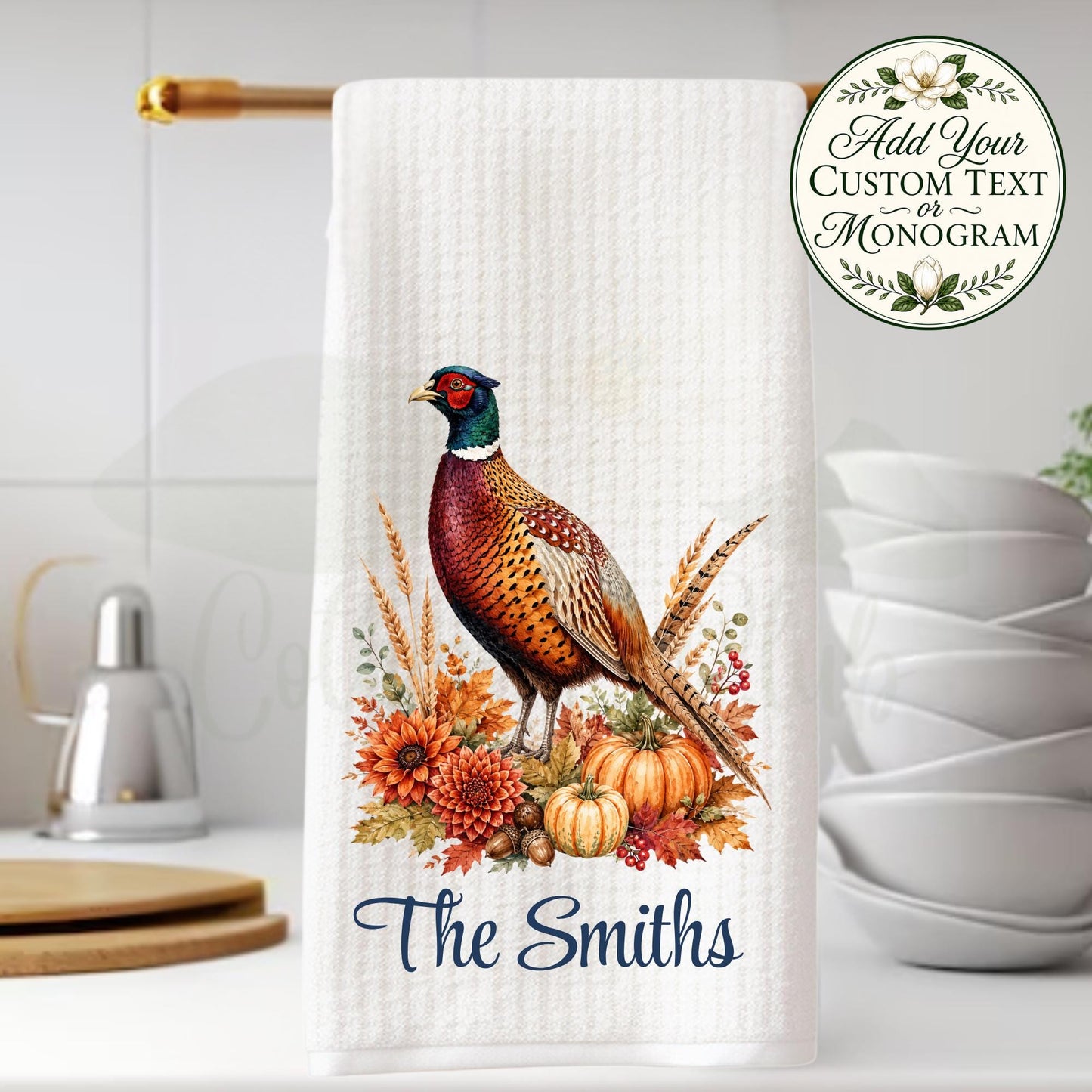 Fall Pheasant Tea Towel or Hand Towel, Traditional Autumn Kitchen and Powder Room Decor