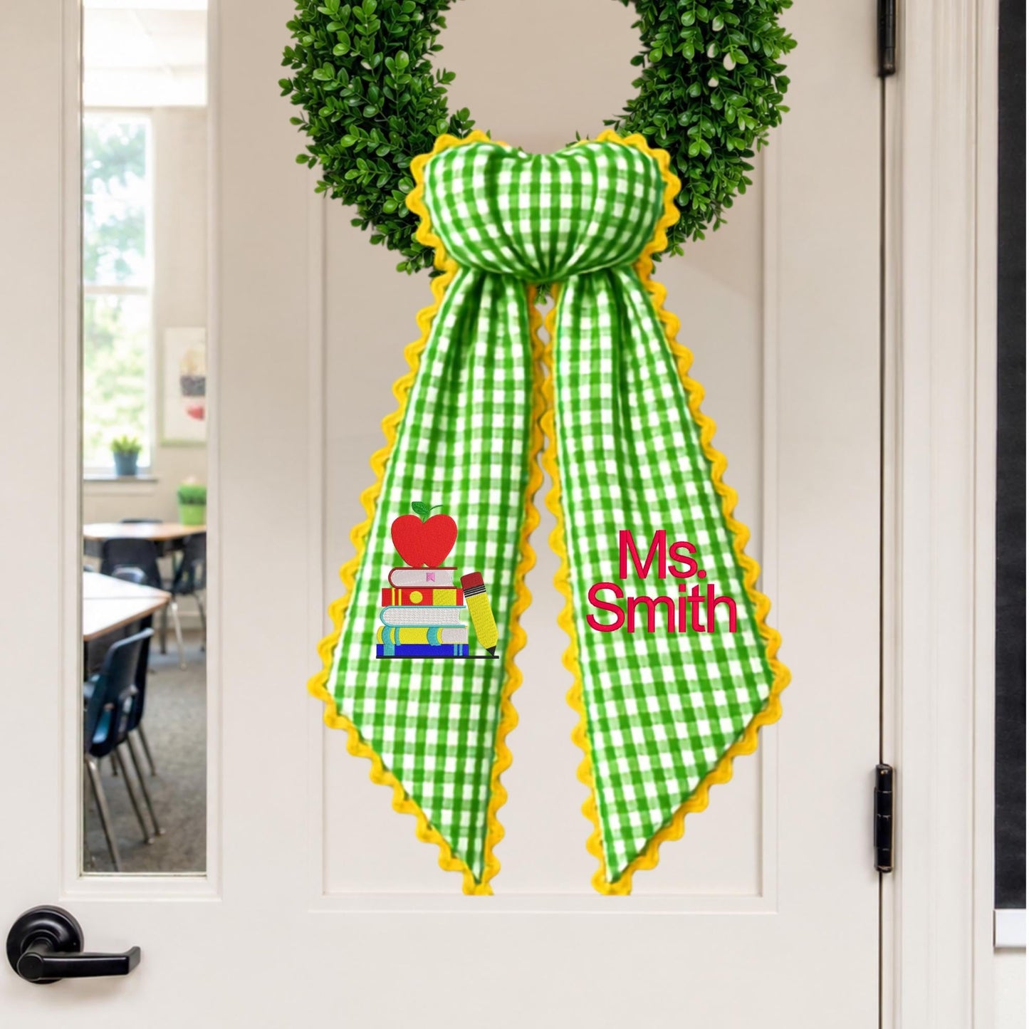 Personalized Teacher Wreath Sash, Gingham Classroom Door Decor, Teacher Appreciation Gift, Custom School Bow with Optional Ric Rac