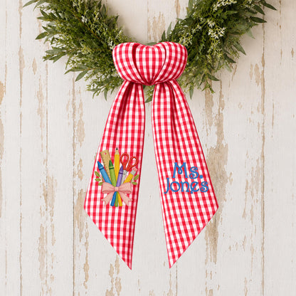 Personalized Teacher Wreath Sash, Gingham Classroom Door Decor, Teacher Appreciation Gift, Custom School Bow with Optional Ric Rac