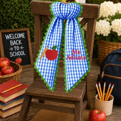 Personalized Teacher Wreath Sash, Gingham Classroom Door Decor, Teacher Appreciation Gift, Custom School Bow with Optional Ric Rac