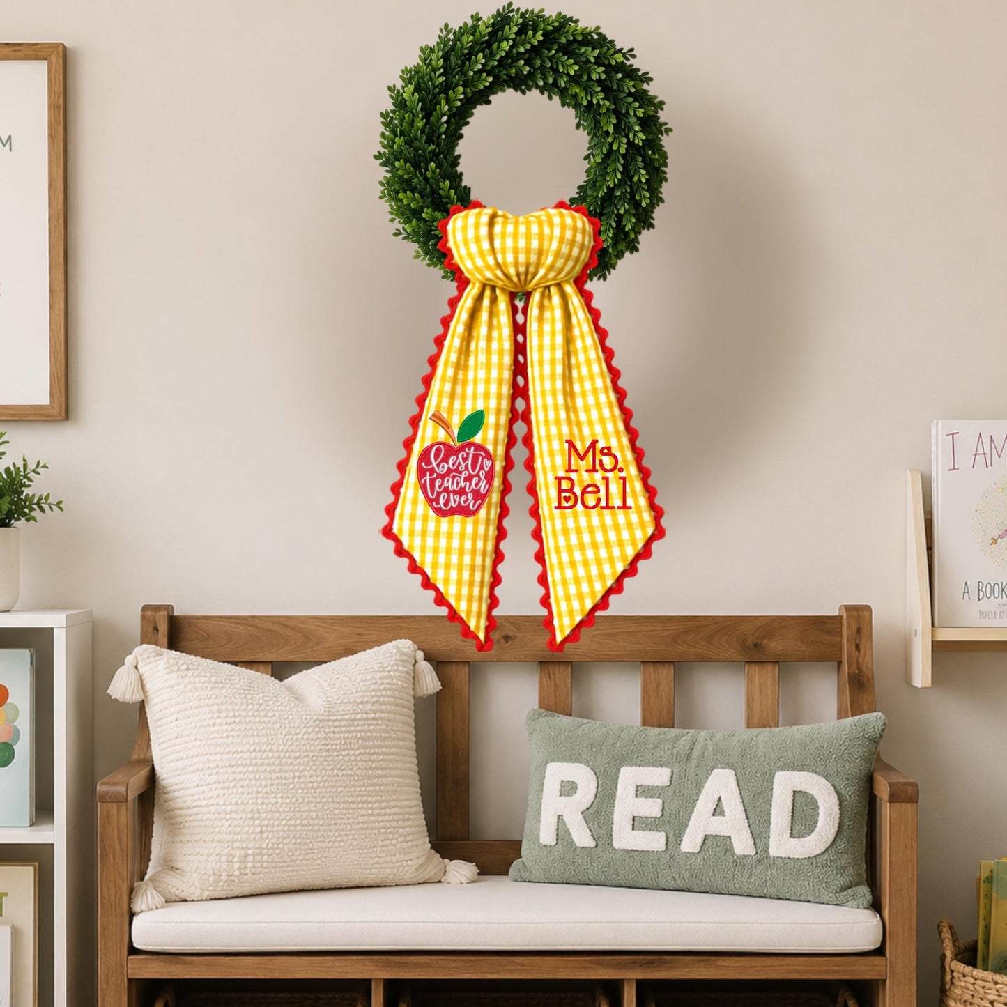 Personalized Teacher Wreath Sash, Gingham Classroom Door Decor, Teacher Appreciation Gift, Custom School Bow with Optional Ric Rac