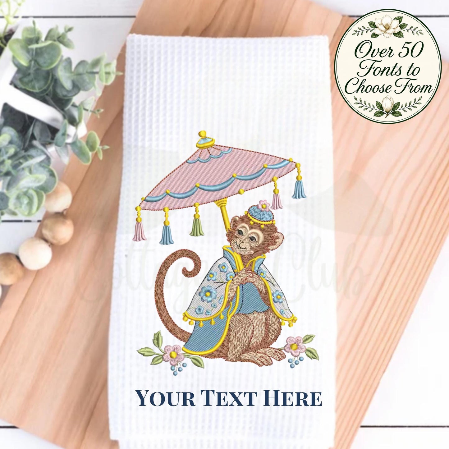 Chinoiserie Monkey Tea Towel, Blue and Pink Kitchen Decor, Hostess Gift, Whimsical Southern Home Oversized Waffle Weave Tea Towel