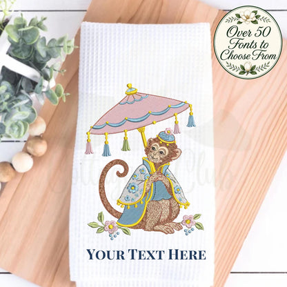 Chinoiserie Monkey Tea Towel, Blue and Pink Kitchen Decor, Hostess Gift, Whimsical Southern Home Oversized Waffle Weave Tea Towel