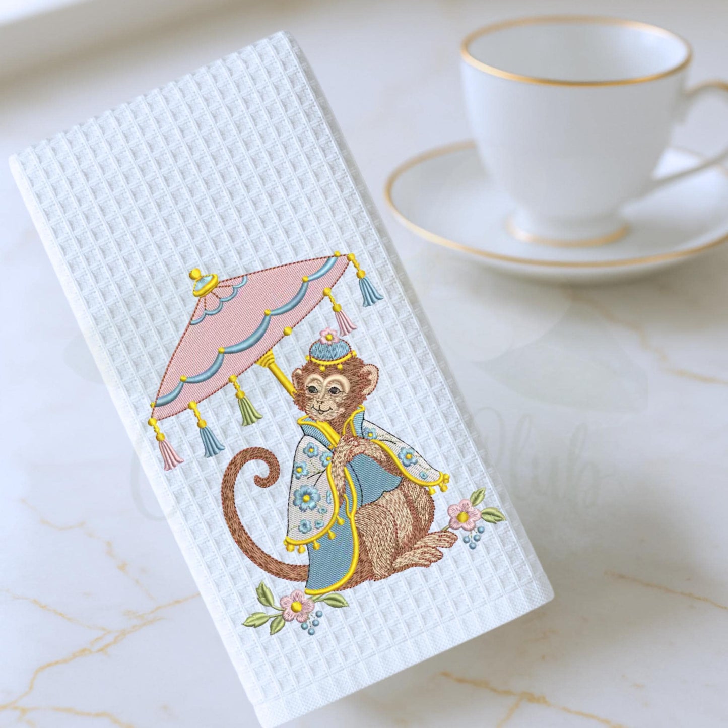 Chinoiserie Monkey Tea Towel, Blue and Pink Kitchen Decor, Hostess Gift, Whimsical Southern Home Oversized Waffle Weave Tea Towel