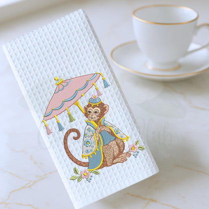 Chinoiserie Monkey Tea Towel, Blue and Pink Kitchen Decor, Hostess Gift, Whimsical Southern Home Oversized Waffle Weave Tea Towel