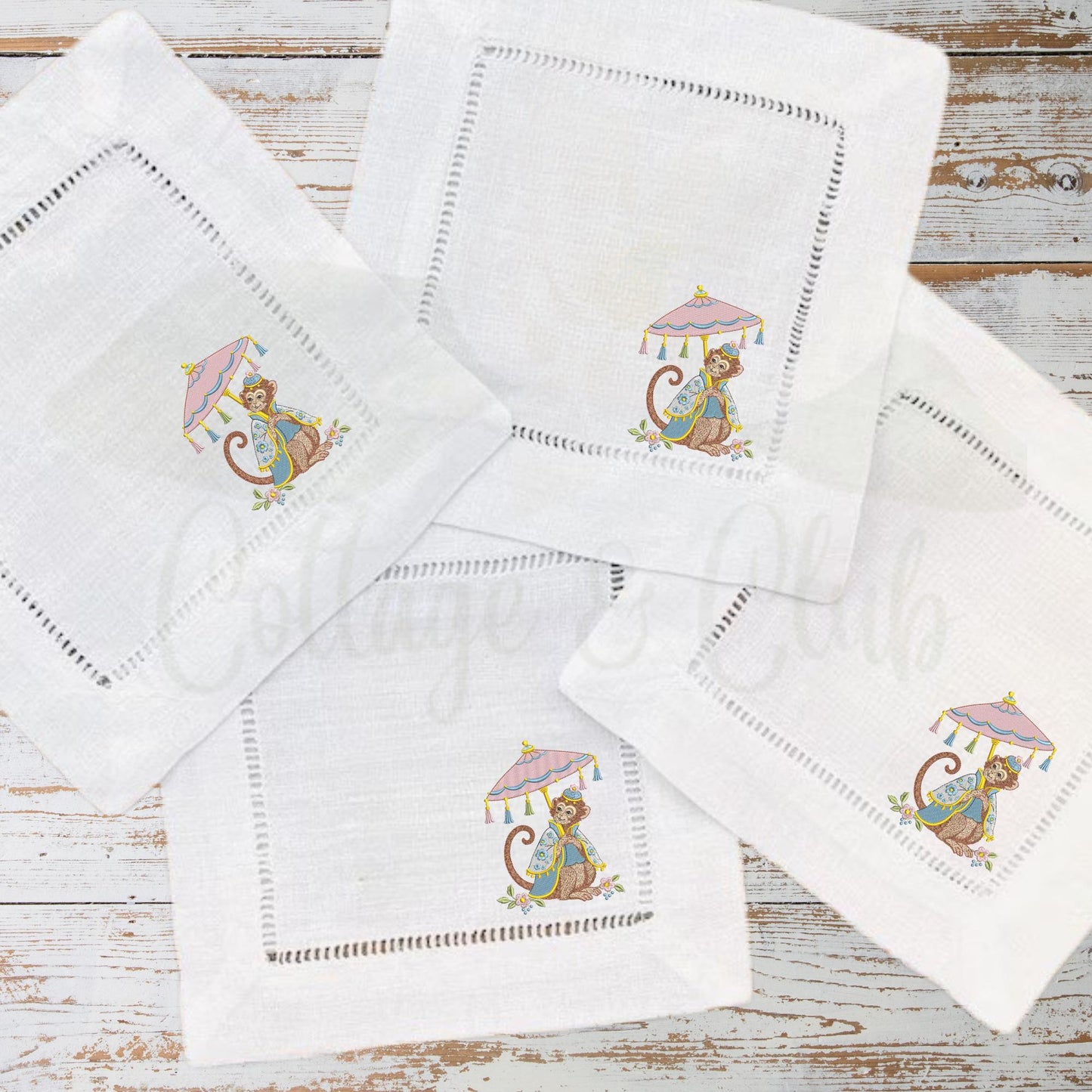 Chinoiserie Monkey Linen Napkins, Set of 4 Hemstitch Cocktail Napkins, Grand Millennial Hostess Gift, Blue Pink Table Decor