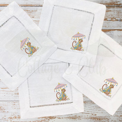 Chinoiserie Monkey Linen Napkins, Set of 4 Hemstitch Cocktail Napkins, Grand Millennial Hostess Gift, Blue Pink Table Decor