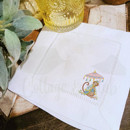 Chinoiserie Monkey Linen Napkins, Set of 4 Hemstitch Cocktail Napkins, Grand Millennial Hostess Gift, Blue Pink Table Decor