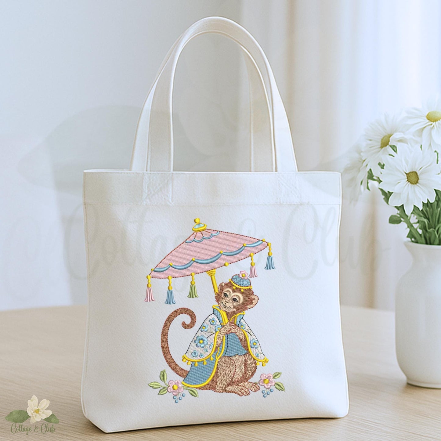 Chinoiserie Monkey Tote Bag, Double-Sided Natural Canvas Shopper, Personalized Monogram Canvas Tote Bag Reusable Shopping Bag