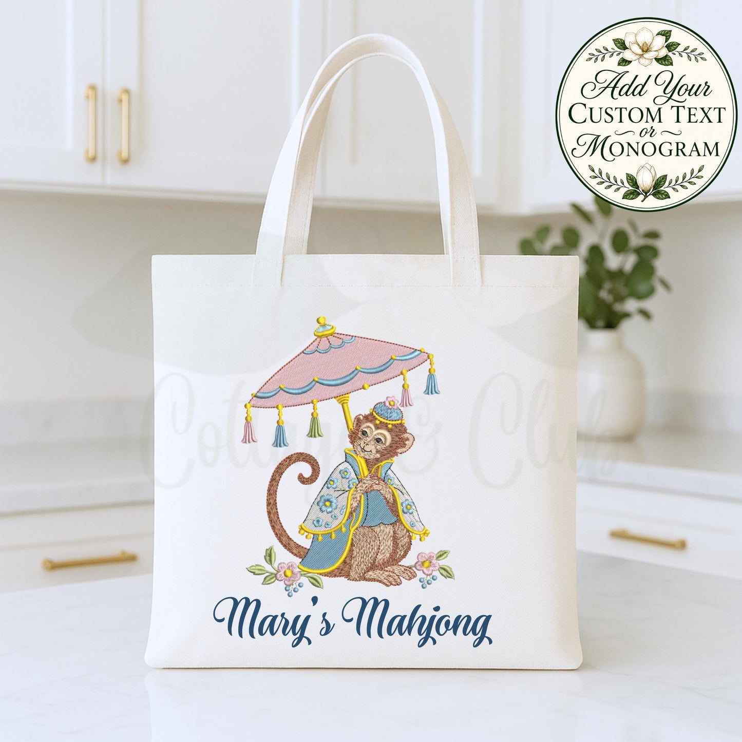 Chinoiserie Monkey Tote Bag, Double-Sided Natural Canvas Shopper, Personalized Monogram Canvas Tote Bag Reusable Shopping Bag